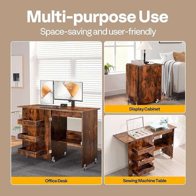 VIVOHOME Folding Sewing Table for Sewing Machine, Sewing Desk with Storage | Rolling Sewing Craft Table with Storage Shelves, Trays, Wheels, Sewing Cabinet with Lift for Small Spaces, Rustic Brown