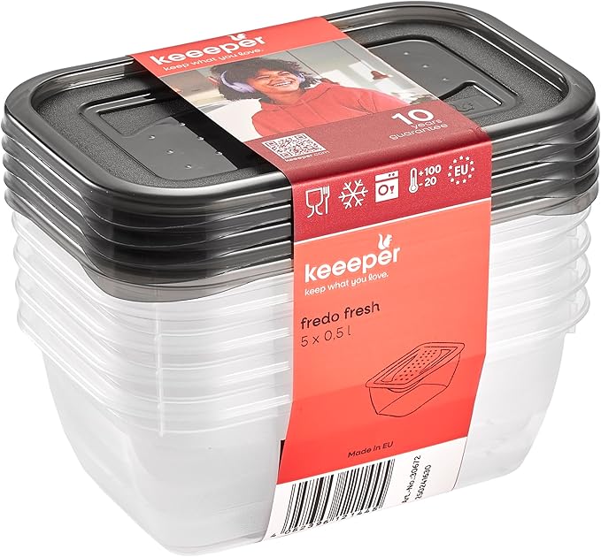 keeeper fredo fresh food storage containers, 5 pieces, 5 x 0.5 l, crystal grey (transparent)