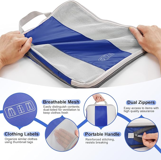 OlarHike 10 Set Compression Packing Cubes for Travel Essentials,Compressible Expandable Space Saver Bags for Organizing Clothes,Luggage Suitcase Garment Bags with Over 1000 pcs Mesh Holes(Klein Blue)