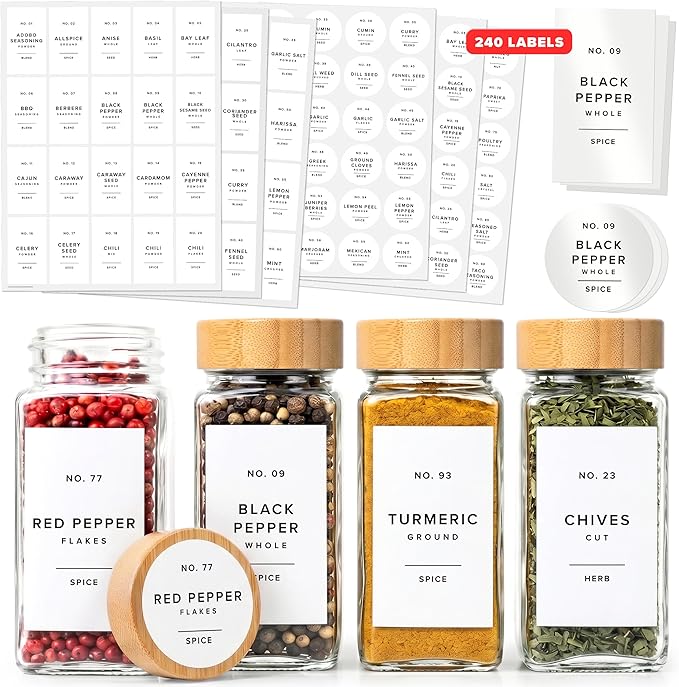 Minimalist Spice Jar Labels Self-Adhesive - 240 Stickers for Spice Jars, Spice Jars & Drawers, Round & Rectangular, Waterproof Spice Organiser Labels for Kitchen Organisation (White)