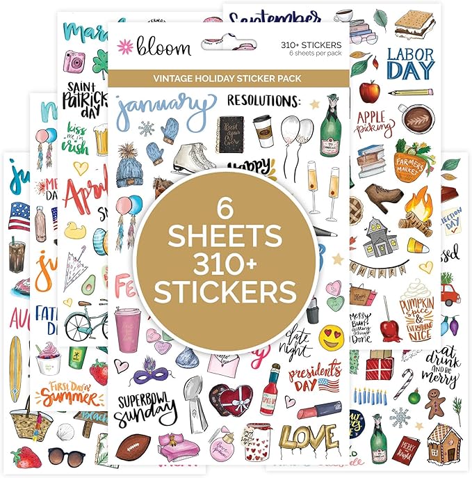 bloom daily planners Holiday Seasonal Planner Sticker Sheets - Vintage Seasonal Sticker Pack - Removable & Repositionable - Over 310 Stickers Per Pack!