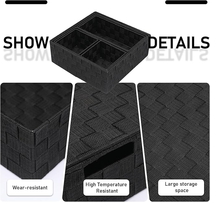 Storage Bins Woven Organizer Set of 7 – Polypropylene Storage Baskets with Metal Frame, Stackable Fabric Boxes for Drawers, Closet, Shelf, Nursery and Office, Black