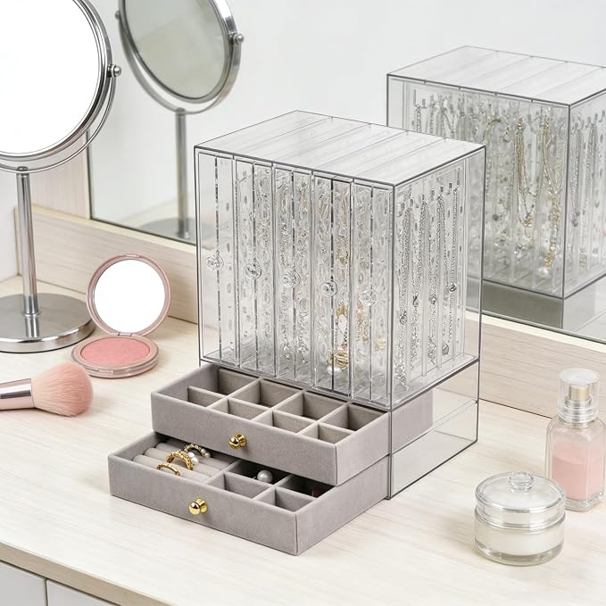 Greenfeather Jewelry Organizers and Storage, Clear Acrylic Jewelry Box with 40 Necklace Hooks 120 Pairs of Earring Holes 2 Velvet-Lined Drawers for Rings Necklaces Earrings