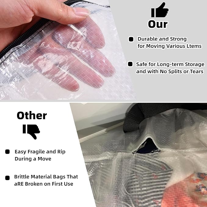 2 Pack Extra Large Clear Moving Bags with Zippers – Heavy Duty Storage Bags with U-Shaped Handles, Tag Pocket & Side Grips – Ideal for Clothes, Bedding, Dorm, Closet, Garage Organization