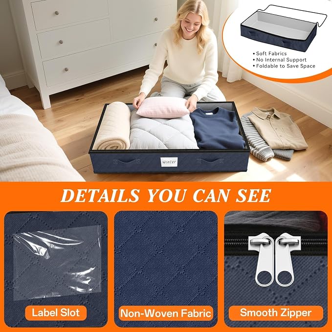 SpaceWhisper 90L Under Bed Storage Containers, 4-Pack Storage Bins with Clear Top, Foldable Closet Organizers and Storage with Label Holder for Clothing, Blankets, Comforter & Pillows(Blue)