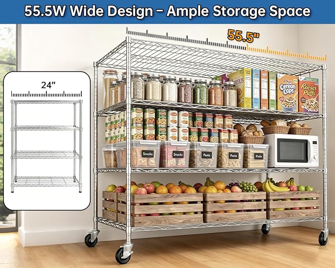 Chrome Storage Shelves with Wheels 55.5" W Garage Shelving Heavy Duty 4 Tier Adjustable Wire Shelving Unit Metal Shelving for Garage Pantry Commercial Basement,55.5" Wx24 Dx76 H 4Pack
