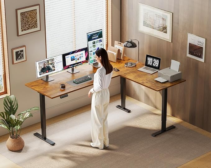 OffiGo 63 Inch Reversible L Shaped Electric Standing Desk, Rustic Brown | Large Corner Height Adjustable Stand Up Desk, 3 Memory Presets, Sit Stand Table, Reinforced Frame for Home Office Workstation