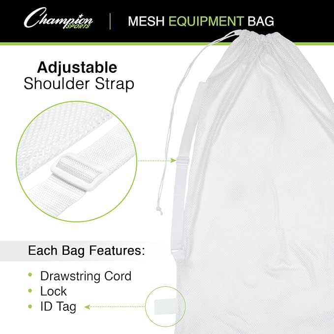 Champion Sports Mesh Equipment Bag – Heavy-Duty Nylon Drawstring Bag with Lock & ID Tag, Breathable Storage Sack for Balls, Swim Gear, Laundry & Toys, Multiple Sizes & Colors