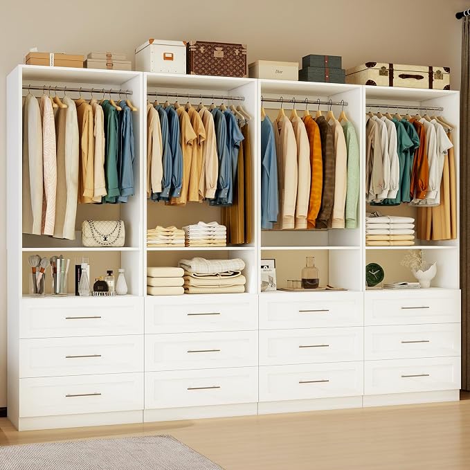 Closet System of 4 Sets, 8FT-20FT Closet Closet Organize System with 12 Wooden Drawers, 8 Hanging Rods & Shelves, Walk in Closet System Storage, Modular Closet System, White(8FT)