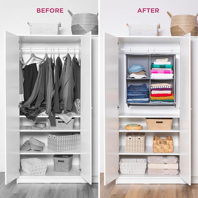 HOLDN’ STORAGE Hanging Closet Organizer with Garment Rod – Heavy Duty 4-Shelf Hanging Shelves for Clothes, Sweaters & Shoes, Reinforced 600D Fabric Storage Unit with Built-in Clothing Rod, Grey