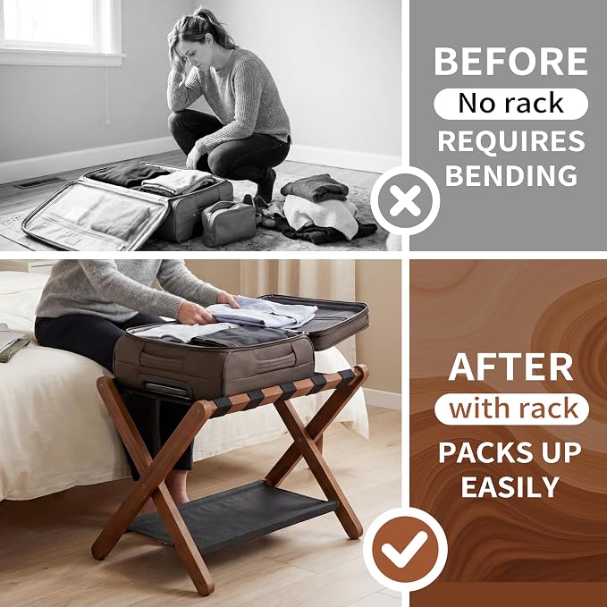 Heybly Luggage Rack for Guest Room, Folding Luggage Stand & Suitcase Holder, Suitcase Stand, Heavy Duty Wooden Luggage Rack with Double Shelf for Hotel & Bedroom, 5 Heavy Duty Straps, Walnut HLR012WB1