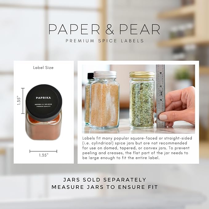 Modern Style Round Black Spice Labels Stickers Preprinted Waterproof by Paper & Pear - Oil Resistant Kitchen Pantry Labels for Home Improvement - 1.35 Inches Pantry Stickers - Set of 80 (No Jars)