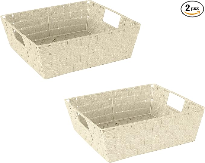 Simplify Large Shelf Woven Strap Tote | Decorative Storage Basket | Built in Handles | Organization | Closet | Bedroom | Bathroom | Nursery | Accessories | Toys | Gifts | 2 Pack | Ivory