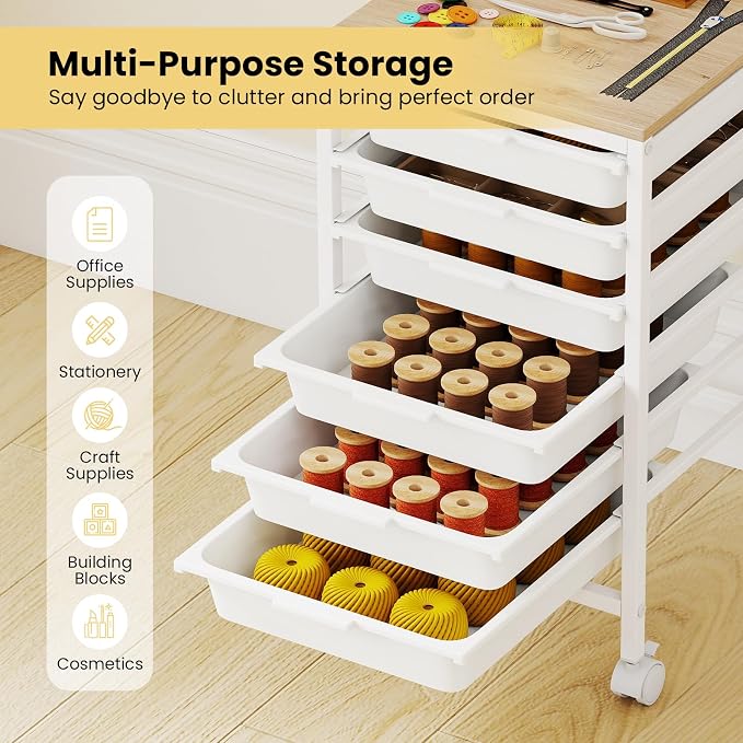 LDAILY Rolling Cart with Drawers, 6 Drawer Rolling Storage Cart with Wooden Tabletop, Metal Frame & Lockable Wheels, Craft Organizers and Storage for Home Office Classroom (White, 6 Drawer)
