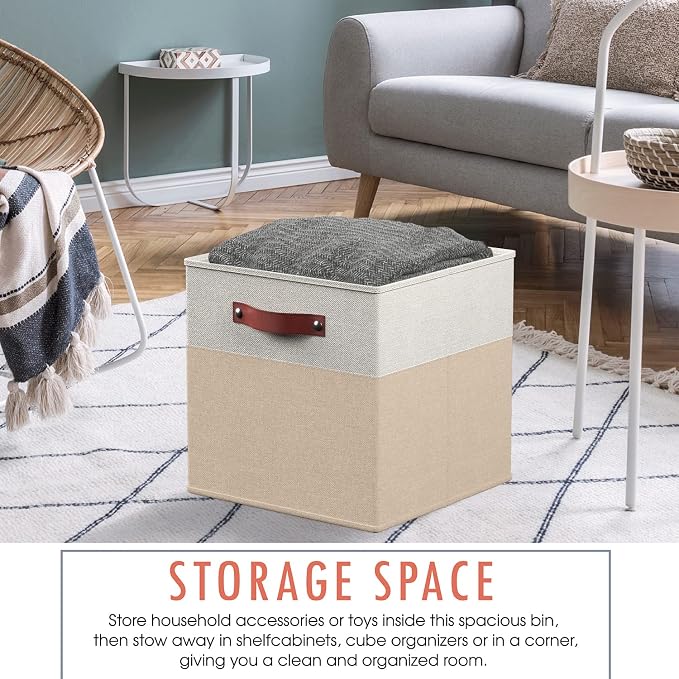 Ornavo Home 13x13 Foldable Fabric Storage Cube Bins, 6 Pack, White/Khaki | Collapsible Linen Shelf Basket Organizer; Leather Handles; Ideal Cube Storage For Closet