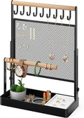 Jewelry Organizer Stand with Velvet Ring Holder, Liftable Necklace Holder with Earring Organizer Net, 9 Hooks Necklaces Storage Wooden Handing Bar for Bracelets Watches Rings (Black)