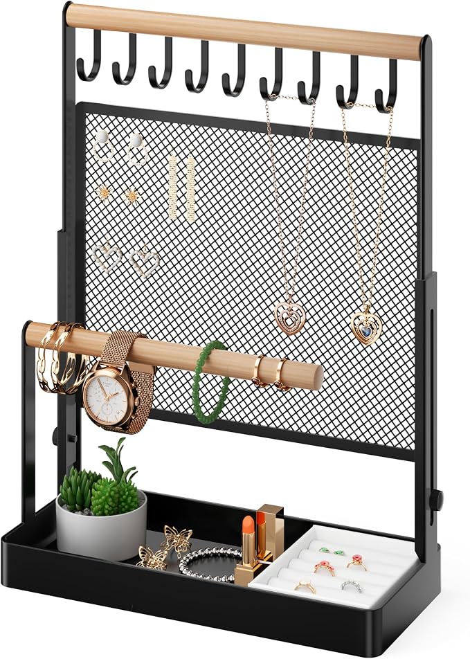 Jewelry Organizer Stand with Velvet Ring Holder, Liftable Necklace Holder with Earring Organizer Net, 9 Hooks Necklaces Storage Wooden Handing Bar for Bracelets Watches Rings (Black)