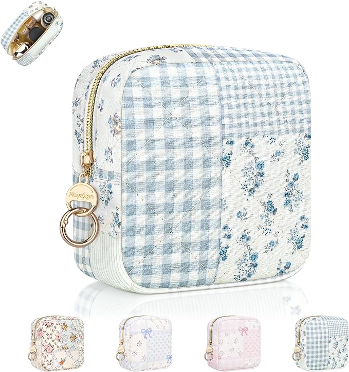 Quilted Small Makeup Bag for Purse, Floral Cosmetic Pouch, PJ-Blue | Floral Travel Makeup Pouch, Make Up Pouch for Women, Purse Organizer Pouches for Travel/ Gym/ Daily Use, Perfect Gifts