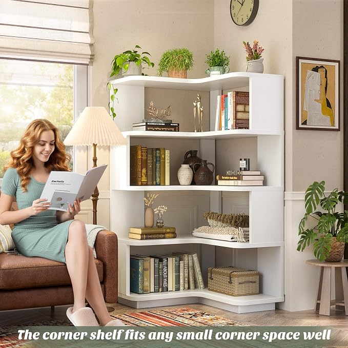 Armocity Corner Book Shelf - 5 Tier Corner Bookshelf Etagere Bookcase with Baffle, Freestanding L Shaped Display Shelf Stand for Home Office, Living Room, Bedroom, Kitchen, White