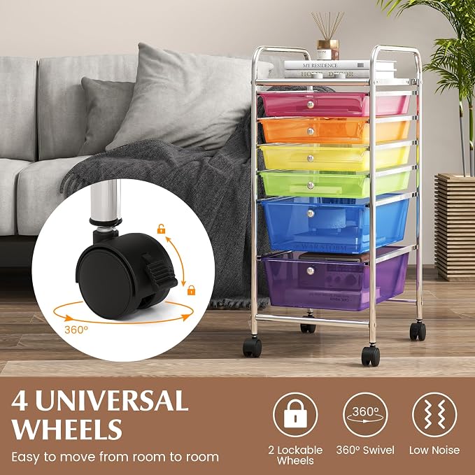 GOFLAME 6-Drawer Rolling Storage Cart, Multifunctional Art Craft Organizer Cart, Mobile Utility Storage Cart with Removable Drawers & Lockable Wheels, Craft Cart for Home Office, Rainbow