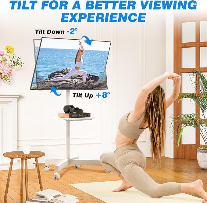 Rfiver Mobile TV Stand for 23-65 Inch LCD LED Flat/Curved Panel Screen TVs up to 88 lbs, Rolling TV Stand with Adjustable Shelf & Tilt, Portable Floor Stand on Wheels for Bedroom, Living Room, White