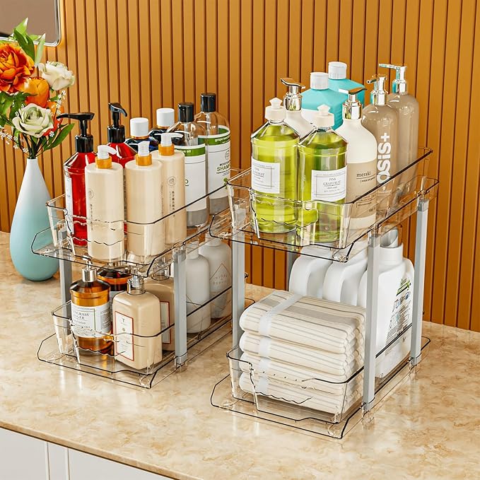 SuoXing 2 Pack 2 Tier Under Cabinet Bathroom Storage,Large 12.4″ Deep Under Sink Organization With Dividers,Clear Pull Out Organizers for Kitchen,Undersink Storage for Hair Products,Towel and Makeup