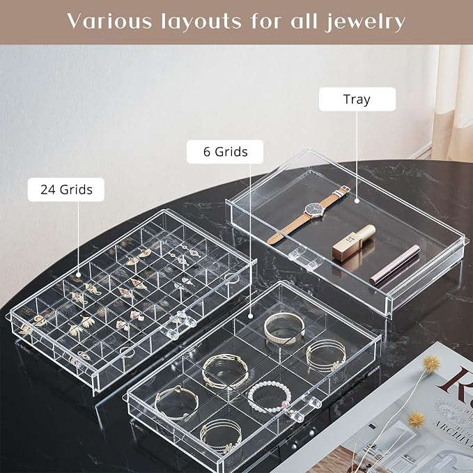 ProCase Acrylic Earrings Holder Organizer Box -Clear, 10 Layers | 158 Jewelry Storage Grid Large Clear Compartments Transparent Stackable Drawers Jewelry Display for Earring Ring Bracelet
