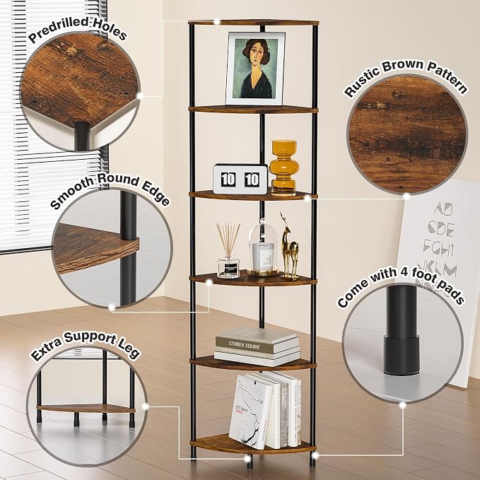Corner Plant Stand Shelf, 6 Tier Tall Shelf for Indoor Plants, Rustic Brown Corner Bookshelf Wall Decor Living Room, 54.4" Display Shelves for Bedroom, Bathroom, Small Space