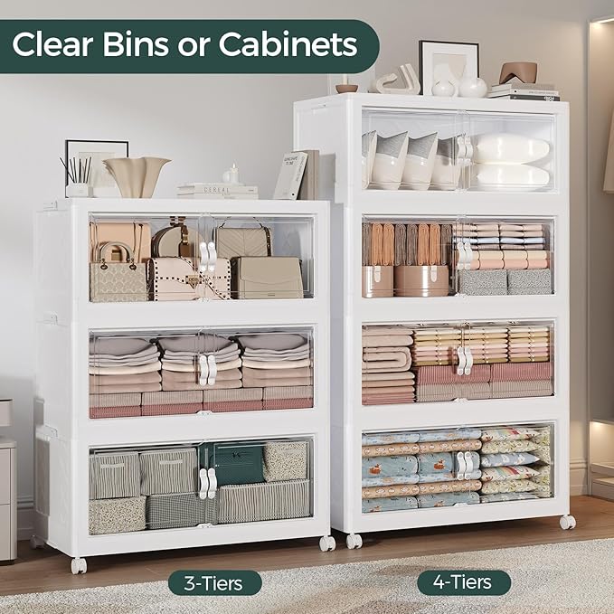 135Gal Stackable Storage Bins with Lid, 540Qt Extra Large Collapsible Storage Box with Doors and Wheels, Plastic Closet Organizer and Storage Cabinet Drawer for Home Kitchen, 3Pack White