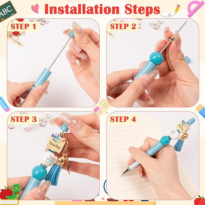 CNhoqc Teacher Appreciation Ballpoint Pens - 12-Set Teacher Appreciation Week Retractable Beadable Ballpoint Pen Wooden Bead Tassel Resealable Foil Pouch Bag Office School Writing Supplies Party Favor