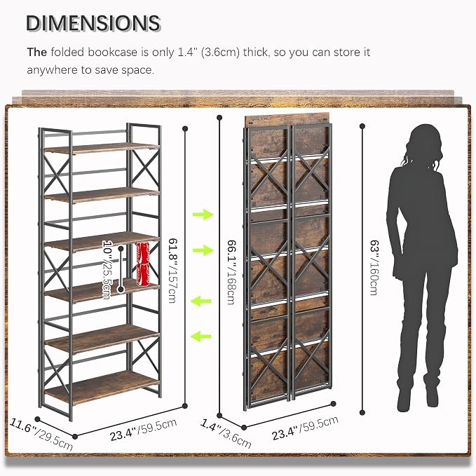 4NM 6 Tiers No Assembly Book Shelves, 61.8" H Folding Bookshelf Bookcase Open Industrial Foldable Shelves for Bedroom, Living Room, Home Office - Rustic Brown Black