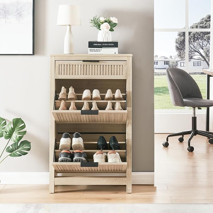 2 Flip Drawers Shoe Cabinet Storage for Entryway, Narrow Shoes Organizer Cabinet for Front Door Entrance, Hidden Wooden Hallway Shoe Rack(Oak)