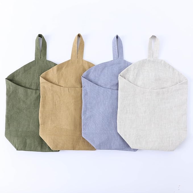 100% Linen Hanging Storage Bags Baskets 2 Pcs, Small Wall Storage Bag for Kitchen, Bedroom, RV Camper Organizer, Sewing Room, Nursery Storage, Kids Room, Dark Yellow