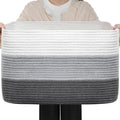 Optish 75L Large Blanket Basket, Woven Storage Baskets with Reinforced Handles, Rope Laundry Basket for Living Room, Bedroom, Nursery, Toys, Clothes,Pillows, 22” x 17” x 11.5”, White & Grey