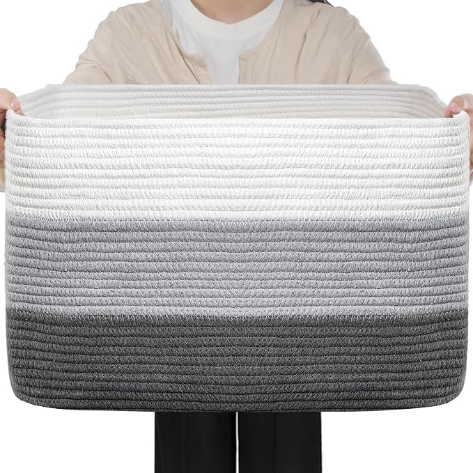 Optish 95L Large Blanket Basket, Woven Storage Baskets with Reinforced Handles, Rope Laundry Basket for Living Room, Bedroom, Nursery, Toys, Clothes, Pillows, 24” x 17” x 13.5”, White & Grey