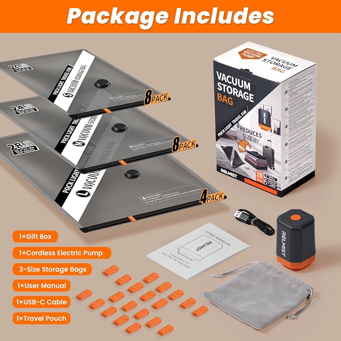 20 Pack Travel Vacuum Storage Bags with Portable Cordless Electric Pump | Vacuum Seal Bags for Clothing & Suitcase, Ideal for Business Trips, Cruise Vacations, RV Life, and Seasonal Storage.