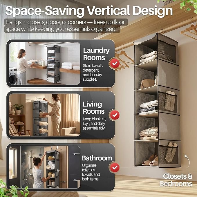 Flexzion 5-Shelf Fabric Hanging Closet Organizer, 11.9-Inch Wide, Brown | Shelves for Dorms with 6 Side Mesh Pockets and 2 Metal Hooks; Open Storage for Clothes, Towels, and Accessories