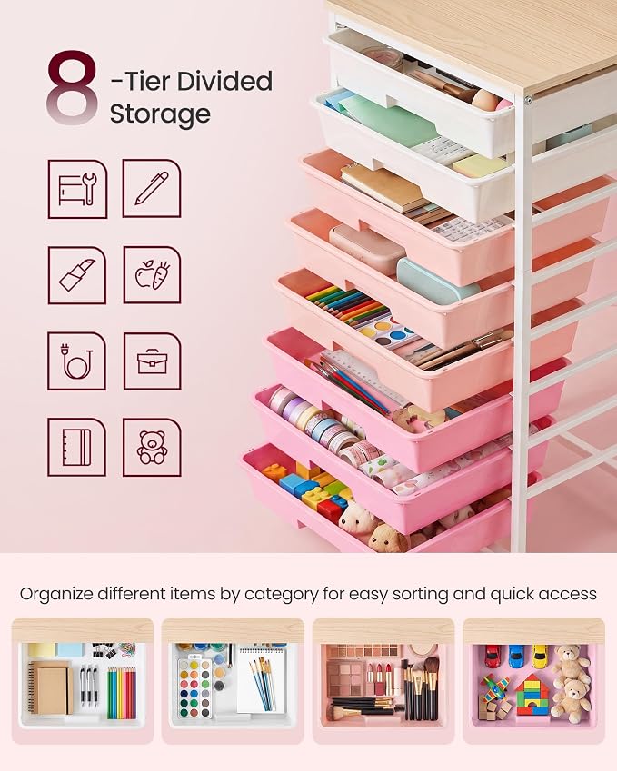 VASAGLE 8-Drawer Rolling Storage Cart, Utility Cart with Wheels and Wood Top, Craft Organizer for Office and Home, 15.6 x 11.2 x 30.1 inch, Pink and White, BENCO Collection ULRC006S101