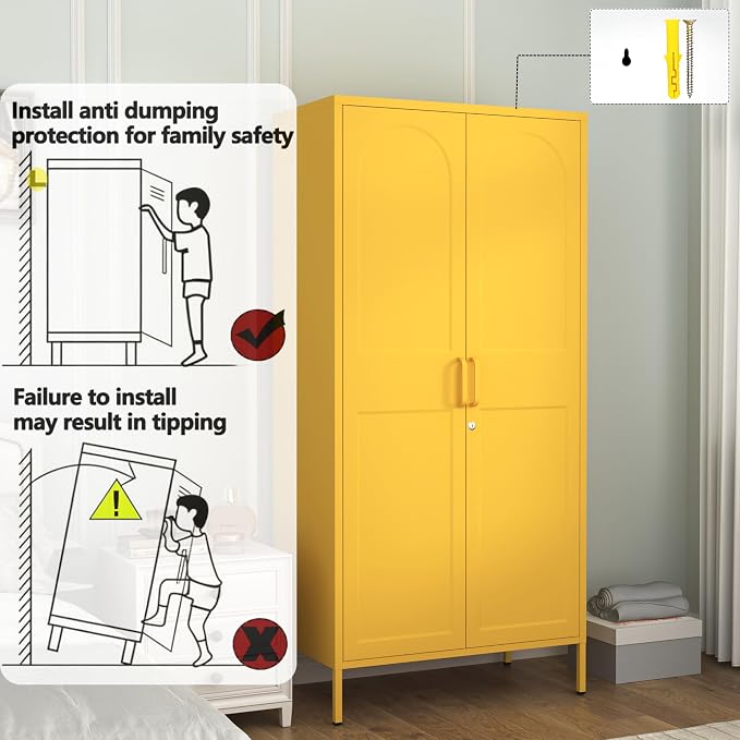 Lockable Metal Wardrobe Closet with Doors, 67" Coat Closet,Metal Storage Cabinet Locker with Removable Hanging Rod And Adjustable Shelves for Home Bedroom Office Yellow Size：67" H X 31.5" W X 18.1" D