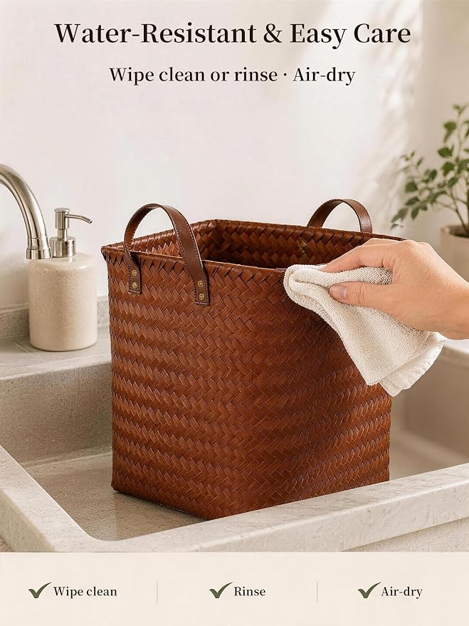 Hand Woven Baskets for Storage, 4Pcs Water-Resistant Wicker Baskets, Brown Wicker Storage Baskets for Shelves, Large Basket with Handle for Organizing, Clothes, Laundry, Blanket - Square