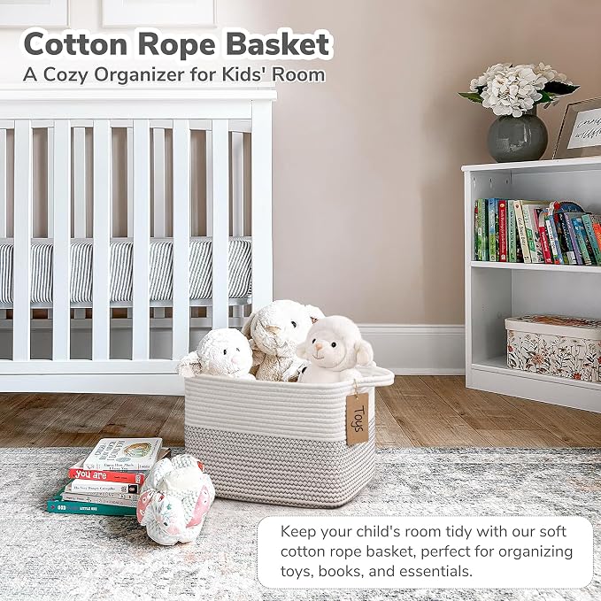 Goodpick Woven Storage Basket, Cotton Rope Baby Laundry Basket for Toy Storage, 13" x 10" x 9" Rectangle Stylish Gift Baskets with Handles, Decorative Clothes Organizer for Bedroom