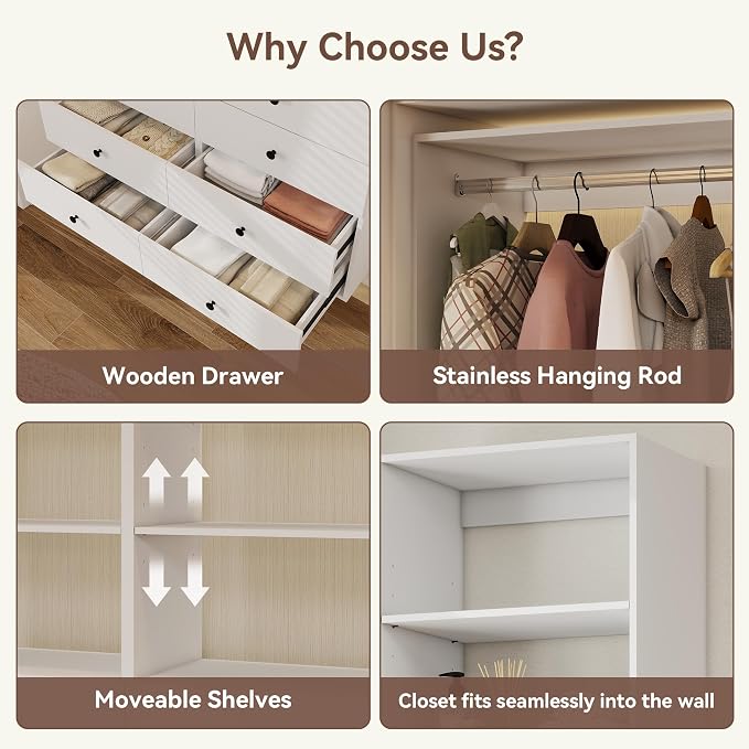 GraceGrove 71" High Modular Wooden Closet Organizer System with Shelves &2 Drawers, Wall Mount Shelving with Haning Rod, Walk in Closet Bedroom Organization,Closet Organizers and Storage, White