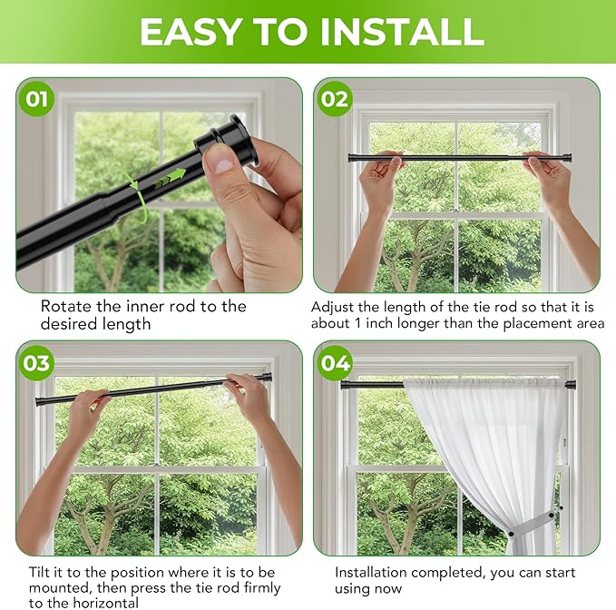 Spring Tension Rods 28-48 Inches No Drill Tension Curtain Rods Black Spring Loaded Curtain Rods Adjustable Small Short Tension Curtain Rod for Window,Kitchen,Doorway,Cupboard,Wardrobe