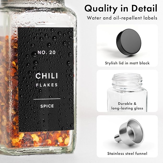 EDELHAUS Glass Spice Jars with Label, Seasoning Set, 36x Black Steel Lids | Airtight Lids keep spices fresh, Kitchen Spice Drawer Organizer, 4oz Seasoning Containers incl. Funnel, Brush & 240 Labels