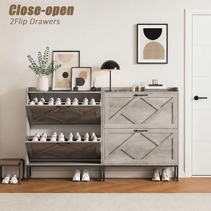 Nicetree Shoe Cabinet Storage for Entryway, Slim Shoe Storage Cabient with 2 Flip Drawers, Narrow Vertical Shoe Rack Cabinet with Metal Hooks, Small Space Solution for Hallway, Grey