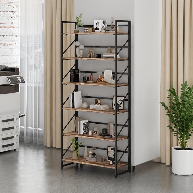 JSB 6 Tier No Assembly Folding Bookshelf, 30.7" Wide Foldable Storage Bookcase for Home Office, Space-Saving Storage Shelf for Living Room (Fire Brown)