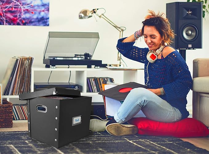 Snap-N-Store Vinyl Record Storage Box - 12" - 2 Pack - Crate Holds up to 75 Vinyl Albums - Black