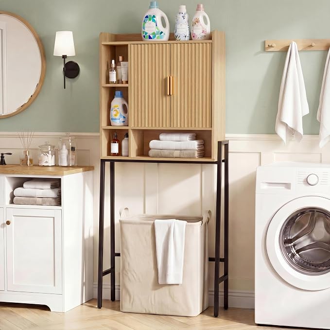 31" W Over The Toilet Storage Cabinet with Fluted Door,Bathroom Organizers and Storage with Adjustable Shelves, Mordern Over Toilet Organizer for Bathroom,Restroom,Laundry,Oak