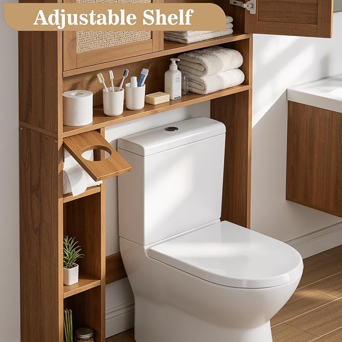 Over The Toilet Storage Cabinet Bathroom Shelf Over Toilet Bathroom Organizer Space Saver Rack with Adjustable Shelf (Brown- Yellow, Rattan Style)
