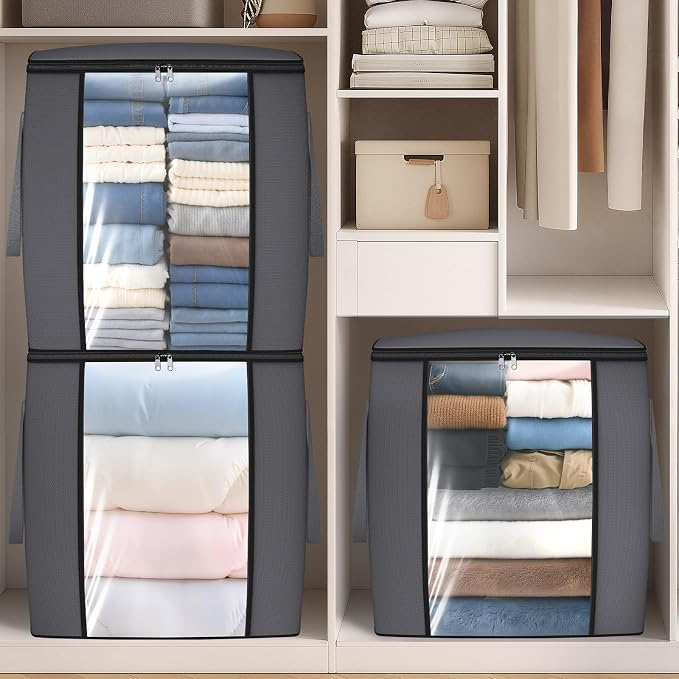 TasticTotes 120L Extra Large Blanket Clothes Storage Bags, Gray, 1 Pack | Foldable Blanket Storage and Organization, Thick Fabric Containers with Reinforced Handles & Zippers for Comforters, Bedding